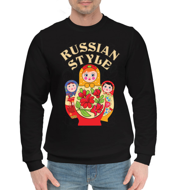 Мужской хлопковый свитшот с изображением Матрешки цвета Черный