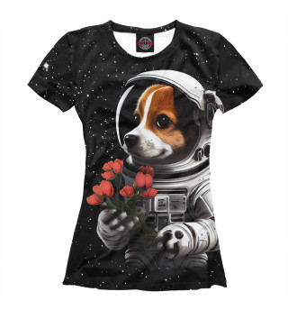 Женская футболка Щенок космонавт с тюльпанами
