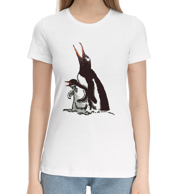 Женская хлопковая футболка с изображением Пингвин - птенец с мамой цвета Белый