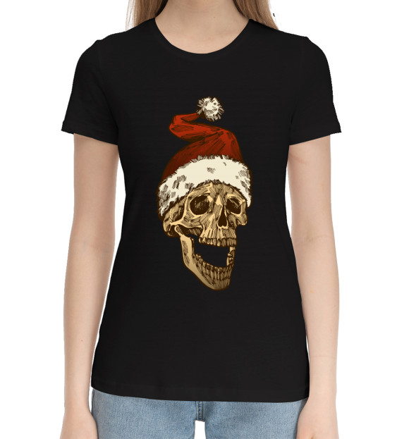 Женская хлопковая футболка с изображением Череп Санты цвета Черный