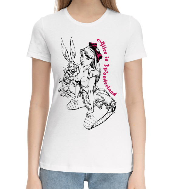 Женская хлопковая футболка с изображением Алиса в стране чудес цвета Белый
