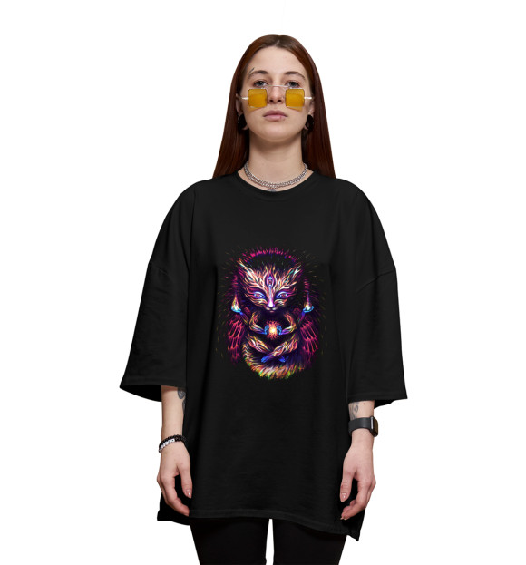 Женская футболка оверсайз с изображением Кот огня цвета Черный