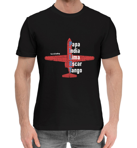 Мужская хлопковая футболка с изображением Пилот Як-40 цвета Черный