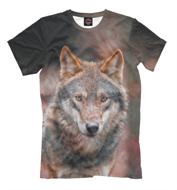 Мужская футболка с изображением Серый волк в лесу цвета Белый