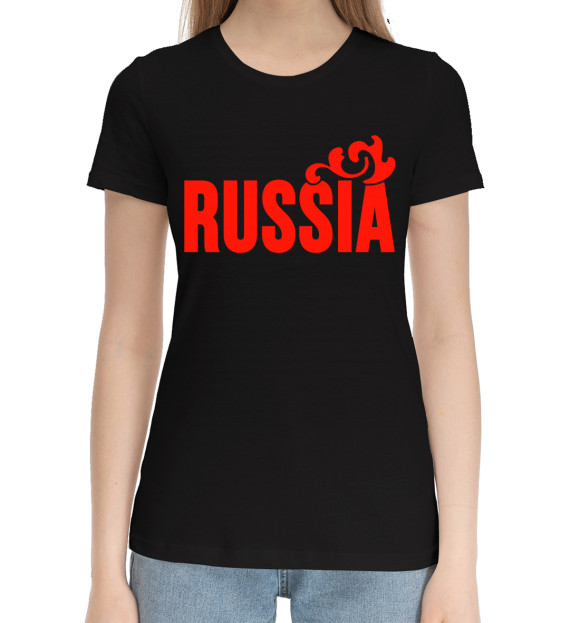 Женская хлопковая футболка с изображением Russia цвета Черный