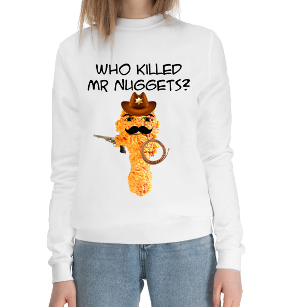 Женский хлопковый свитшот с изображением Who killed Mr. Nuggets? цвета Белый