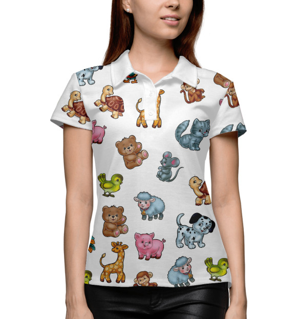 Женское поло с притом Слоны с друзьями животными цвета Белый Женское поло с изображением Слоны с друзьями животными цвета Белый
