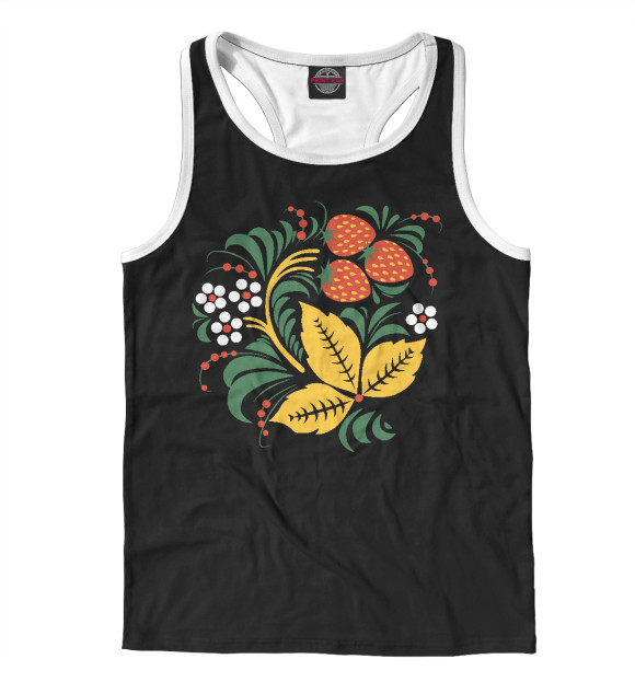 Мужская майка-борцовка с изображением Хохлома роспись Клубника цвета Белый