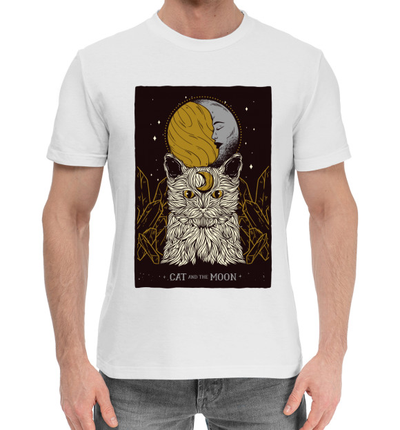 Мужская хлопковая футболка с изображением Cat Moon Tarot цвета Белый