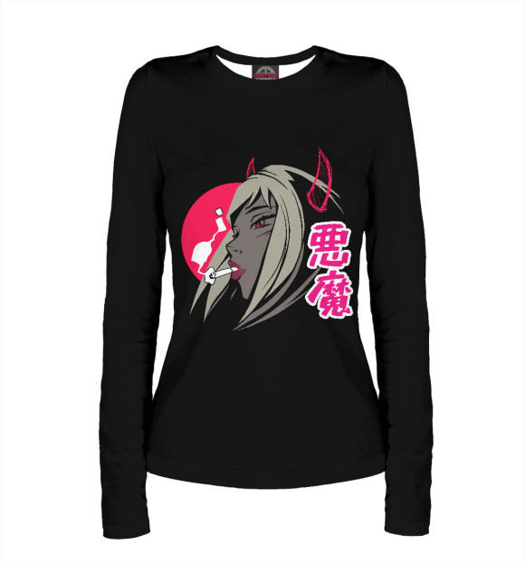 Женский лонгслив с изображением Девочка Демон цвета Белый