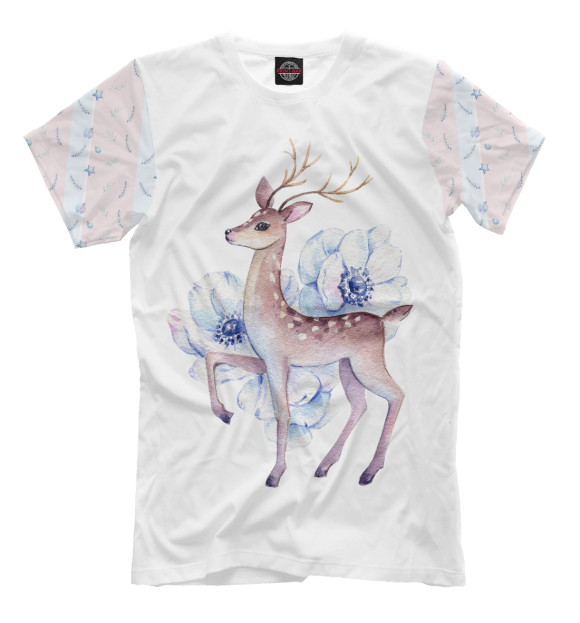 Мужская футболка с изображением Deer and flowers цвета Молочно-белый