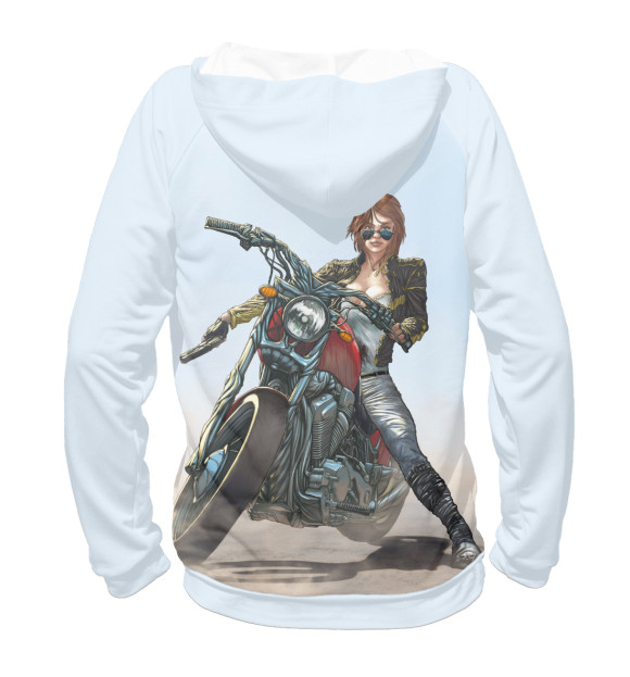 Мужское худи с изображением Девушка на мотоцикле цвета Белый