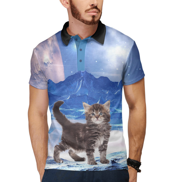 Мужское поло с изображением Котенок по имени Амстронг цвета Белый
