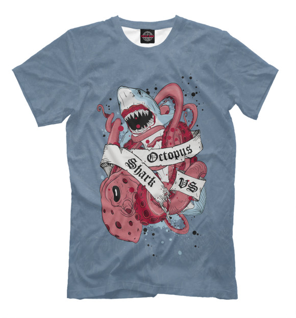 Мужская футболка с изображением Shark vs Octopus цвета Серый