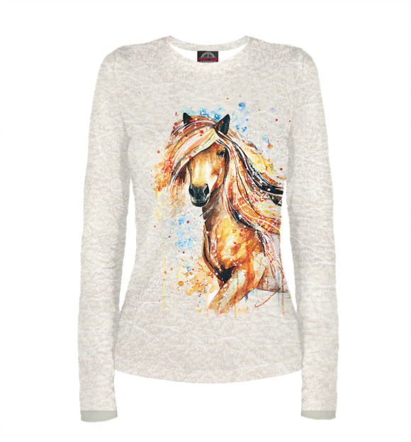 Женский лонгслив с притом Конь акварель цвета Белый Женский лонгслив с изображением Конь акварель цвета Белый