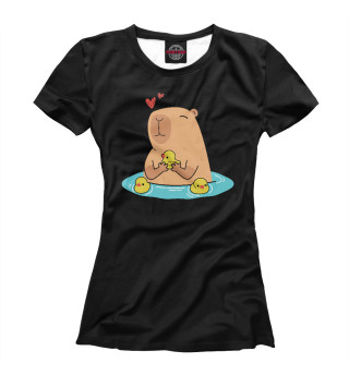 Женская футболка Капибара в озере с уточками