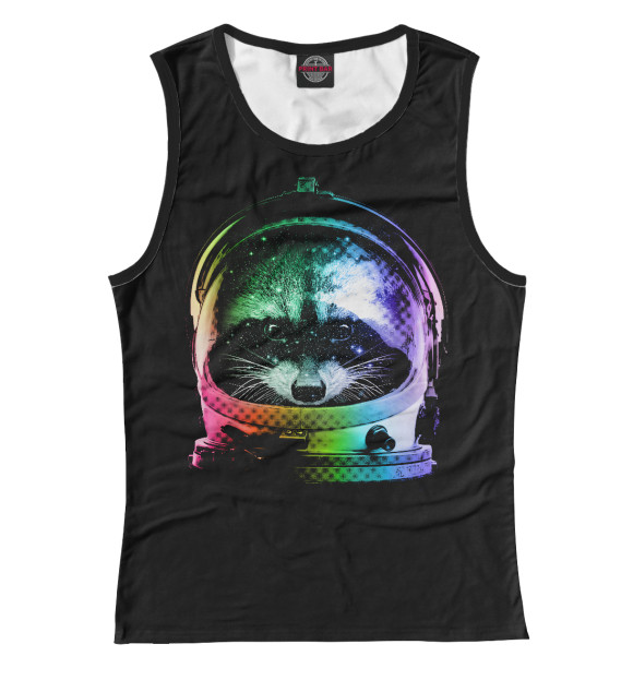 Женская майка с притом Енот Космонавт цвета Белый Женская майка с изображением Енот Космонавт цвета Белый