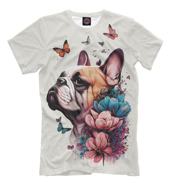 Футболка для мальчиков с изображением Французский бульдог в цветах и бабочках цвета Белый