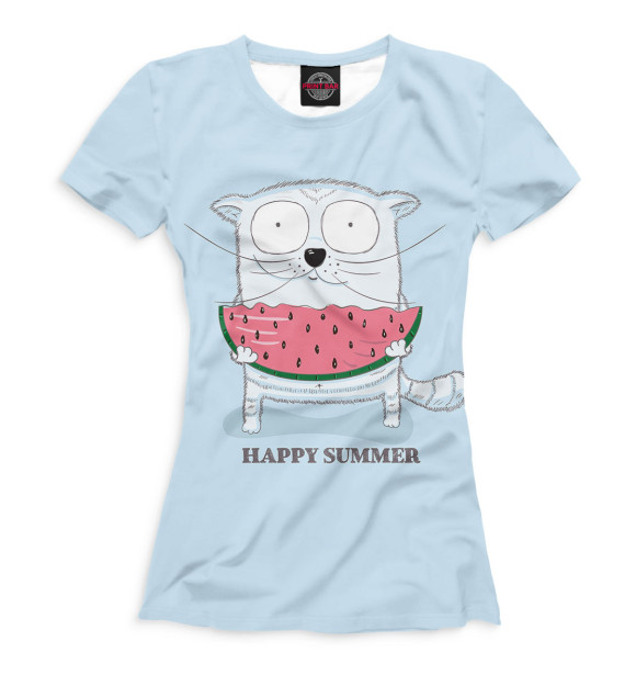 Женская футболка с изображением Кот ест арбуз цвета Белый