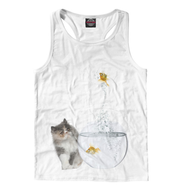 Мужская майка-борцовка с изображением Котик и рыбки цвета Белый