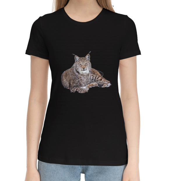 Женская хлопковая футболка с притом Рысь цвета Черный Женская хлопковая футболка с изображением Рысь цвета Черный