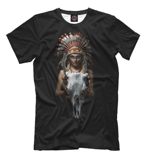 Мужская футболка с изображением Девушка-индеец цвета Черный