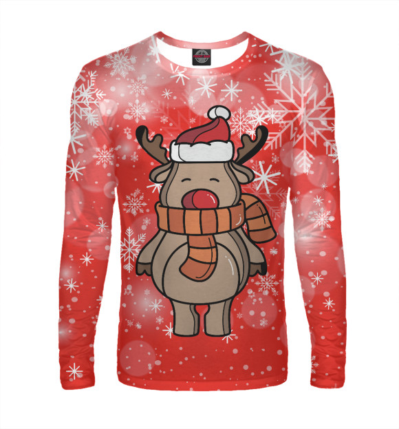 Мужской лонгслив с изображением Новогодний олень цвета Белый