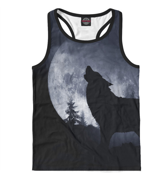 Мужская майка-борцовка с изображением Волк воет на луну цвета Белый