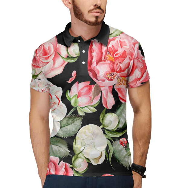 Мужское поло с изображением Пионы цвета Белый