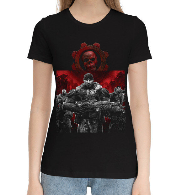 Женская хлопковая футболка с притом Gears of war цвета Черный Женская хлопковая футболка с изображением Gears of war цвета Черный