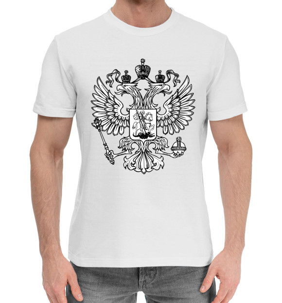Мужская хлопковая футболка с изображением Герб Российской Федерации (одноцветный) цвета Белый