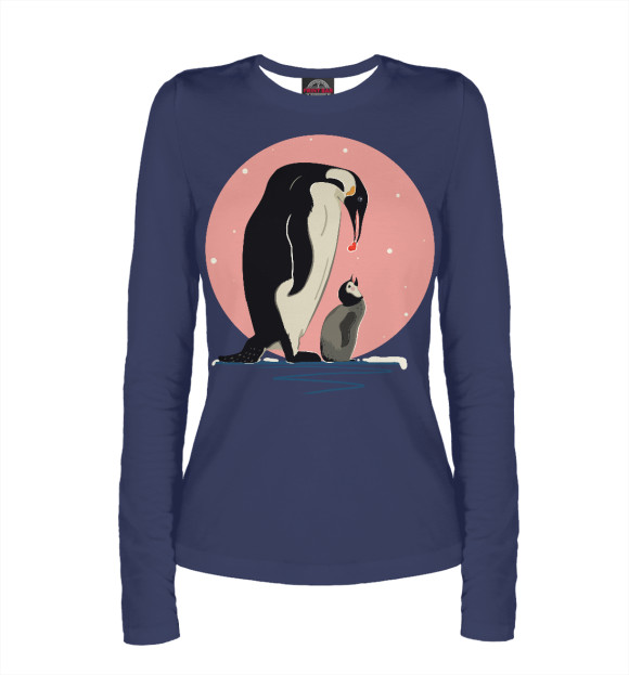 Женский лонгслив с притом Пингвины передают сердечко цвета Белый Женский лонгслив с изображением Пингвины передают сердечко цвета Белый
