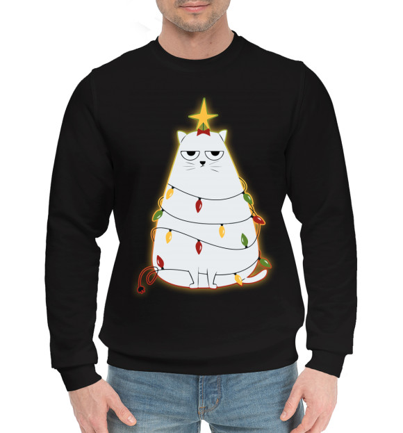 Мужской хлопковый свитшот с изображением Cute christmas cat цвета Черный