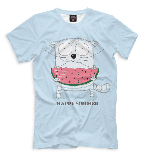 Мужская футболка с изображением Кот ест арбуз цвета Белый