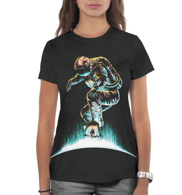 Женская футболка с изображением Космонавт-скейтер цвета Белый