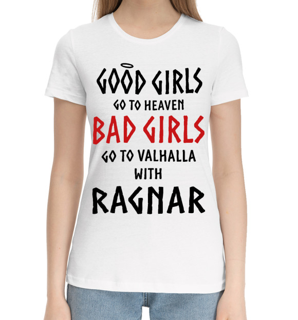 Женская хлопковая футболка с изображением GO TO VALHALLA WITH RAGNAR цвета Белый