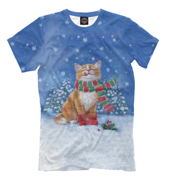 Мужская футболка с изображением Christmas Cat цвета Грязно-голубой
