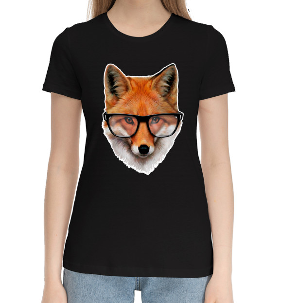Женская хлопковая футболка с притом Лиса в очках цвета Черный Женская хлопковая футболка с изображением Лиса в очках цвета Черный