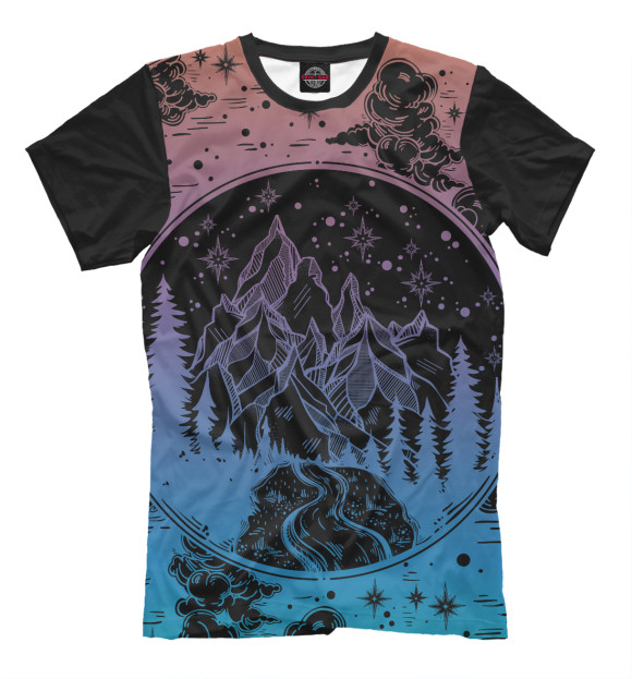 Мужская футболка с изображением Сосновый лес горный пейзаж цвета Черный