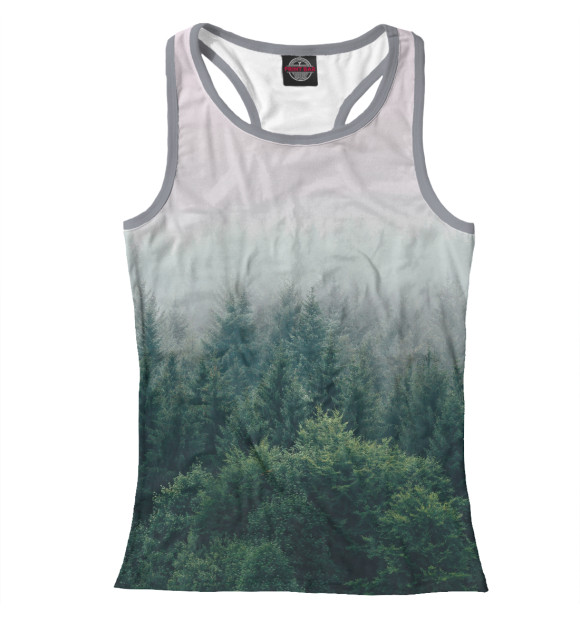 Женская майка-борцовка с изображением Туман над лесом цвета Белый