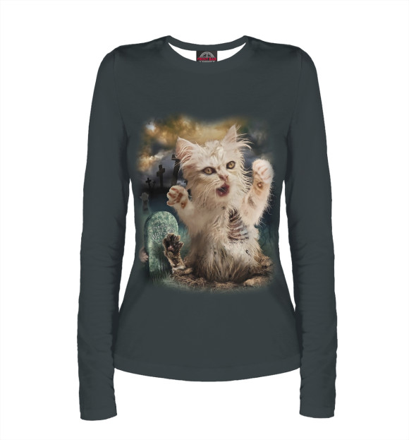 Женский лонгслив с притом Зомби кот цвета Белый Женский лонгслив с изображением Зомби кот цвета Белый