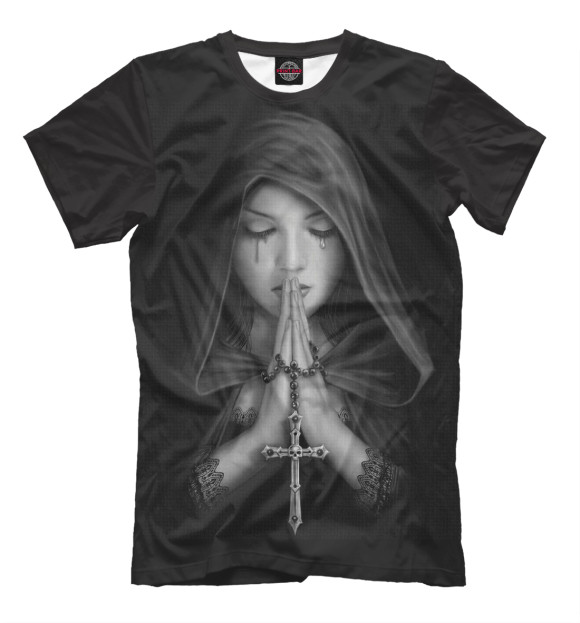 Мужская футболка с изображением Девушка молится цвета Черный