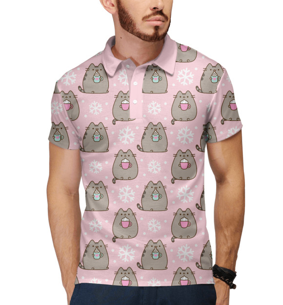Мужское поло с притом Pusheen Уютный Паттерн цвета Белый Мужское поло с изображением Pusheen Уютный Паттерн цвета Белый
