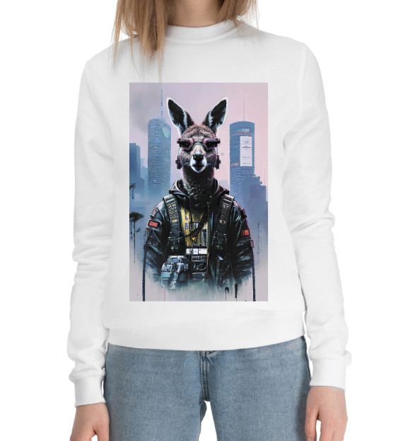 Женский хлопковый свитшот с изображением Cool kangaroo - neural network цвета Белый