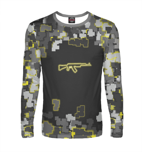 Мужской лонгслив с изображением Автомат в пиксельном камуфляже цвета Белый