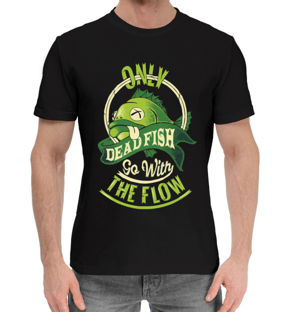 Мужская хлопковая футболка с изображением Только дохлая рыба цвета Черный