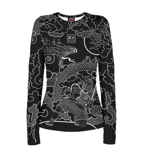 Женский лонгслив с притом Самурай и дракон цвета Белый Женский лонгслив с изображением Самурай и дракон цвета Белый