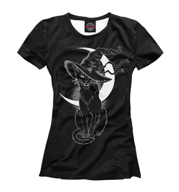 Женская футболка с изображением Кошка колдунья цвета Белый