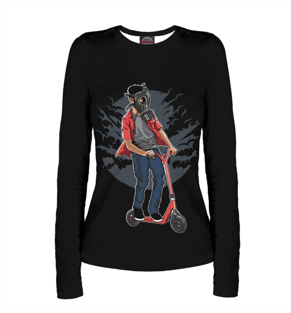 Женский лонгслив с изображением Мальчик на самокате в противогазе цвета Белый