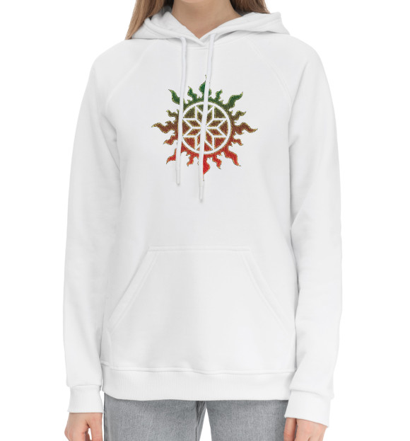 Женский хлопковый худи с изображением Славянский оберег Алатырь цвета Белый